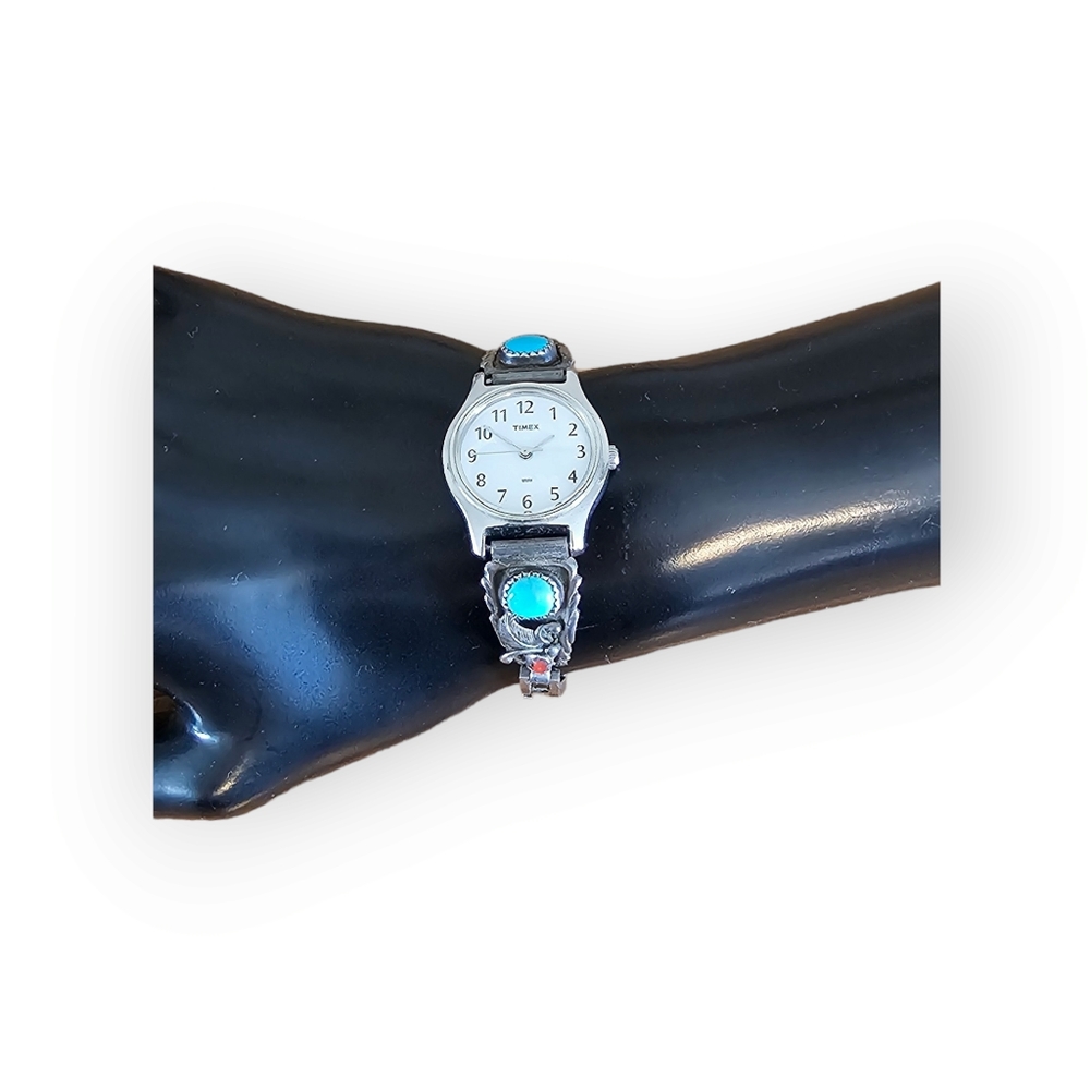 Vintage Timex watch with Running Bear sterling silver band extenders‎